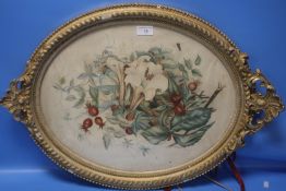 AN ANTIQUE STILL LIFE WATERCOLOUR IN DECORATIVE OVAL FRAME, 69 X 49 CM