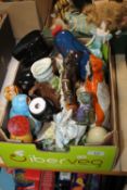 A SMALL BOX OF ORNAMENTS AND TOBY JUGS TOGETHER WITH RUSSIAN PETRUSHKA DOLLS TO INCLUDE WINSTON