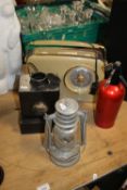 A VINATGE BUSH RADIO, PARAFIN LAMP, SODA SYPHON ETC.