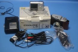 A BOX OF CAMERAS TO INCLUDE A NIKON, COOLPIX, SYLUX, LUXETTE, SONY WALKMAN AND VARIOUS ACCESSORIES