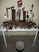A SELECTION OF VINTAGE TOOLS INCLUDING SAWS, SPANNERS, BRADAWLS, AND SCREWDRIVERS