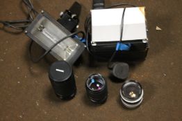 TWO VINTAGE SPOTLIGHTS TOGETHER WITH THREE CAMERA LENSES TO INCLUDE MIRAGE, FUJICA ETC.