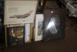 A LARGE QUANTITY OF PICTURES, PRINTS AND A WOOD FRAMED MIRROR