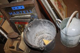 TWO GALVANISED BUCKETS, WATERING CAN, SHOE LASTS, BAG OF PICTURES AND A STELLAPHONE