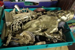 A BOX OF BRASS ORNAMENTS ETC.