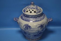 A SPODE BLUE & WHITE TWIN HANDLED 'INDIAN SPORTING' POT POURRI, LIMITED EDITION 250/750