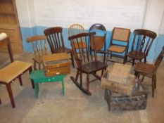 THIRTEEN ITEMS COMPRISING CHAIRS AND VINTAGE CRATES