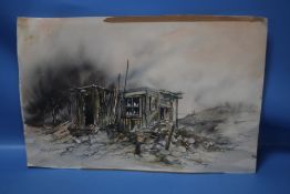 JOHN S. MOODY - A WATERCOLOUR OF A BEACHED FISHING BOAT, signed lower right, painted to back a