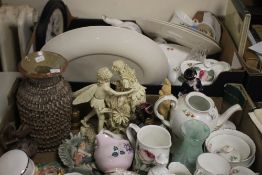 TWO TRAYS OF CERAMICS TO INCLUDE TEAPOTS ETC.