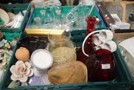 TWO TRAYS OF GLASSWARE TO INCLUDE A GLASS CANDLEABRA