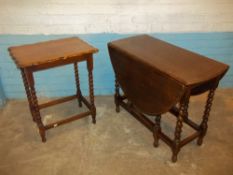 A BARLEY TWIST OAK HALL TABLE AND AN OAK DROP LEAF GATELEG BARLEY TWIST TABLE