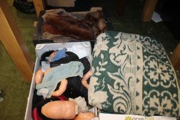 THREE TRAYS OF SUNDRIES TO INCLUDE FURS, KNITTED BLANKET, DOLL A/F, ETC.