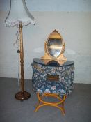A HALF MOON ANTIQUE DRESSING TABLE AND A CROSS SECTION DRESSING STOOL WITH FLOOR STANDING LAMP (3)