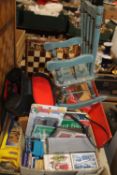 A TRAY OF PLAYING CARDS, DOMINO SETS, CHESS SET, POSTCARDS, TWO CHESS BOARDS, GREENCAT BINOCULARS
