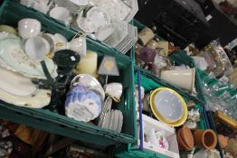 THREE TRAYS OF PART TEASET, KITCHEN SCALES, WEDGWOOD ORNAMENTS, CANDLESTICKS, PORCELAIN TEAPOT,