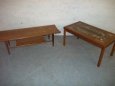 TWO RETRO TEAK COFFEE TABLES, ONE WITH STRETCHER SHELF AND OTHER WITH TILED TOP (2)