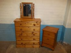 A MODERN SOLID PINE FIVE DRAWER CHEST AND A NARROW THREE DRAWER CHEST WITH A SWIVEL MIRROR