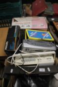 A BOX OF ELECTRICALS INCLUDING MORPHY RICHARDS STEAM IRON, BOXED CRITERION IRON AND THREE RADIOS -