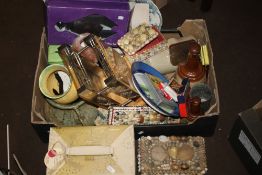 A BOX OF SUNDRIES TO INCLUDE JEWELLERY BOXES, MEAT PLATE, BELL'S WHISKY BOTTLES ETC.