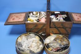 SEWING BOX AND CONTENTS TOGETHER WITH TWO TINS OF BUTTONS