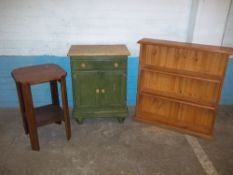 THREE ITEMS TO INCLUDE A PAINTED ANTIQUE CHEST, A PINE BOOKSHELF AND AN ANTIQUE OAK HALL SIDE TABLE