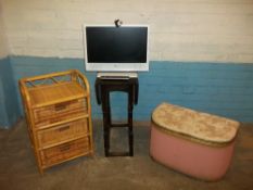 A SONY TV, AN ANTIQUE OAK DROP LEAF TABLE, A MODERN WICKER CHEST OF DRAWERS AND A KRAFT LOOM BLANKET