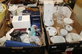 TWO BOXES OF SUNDRIES TO INCLUDE CUT GLASS, A TEA SET, ROYAL DOULTON AND AYNSLEY BOXED ITESMS,