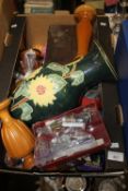 A BOX OF PLATED WARE AND A BOX OF SUNDRIES TO INCLUDE VASES, TREEN ETC.