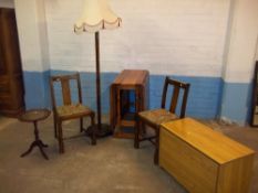 SIX ITEMS TO INCLUDE A LARGE SOLID PINE DROP LEAF TABLE, AN OAK FLOORSTANDING STANDARD LAMP, TWO