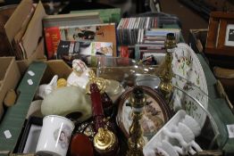 TWO TRAYS OF SUNDRIES TO INCLUDE PUSH BUTTON REPRODUCTION TELEPHONE, PAIR OF MATCHING BRASS TABLE