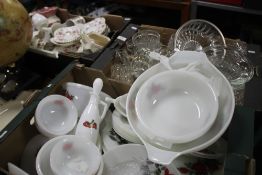 THREE TRAYS OF PYREX TYPE KITCHENWARE, TEASETS AND PRESSED GLASS (TRAYS NOT INCLUDED)