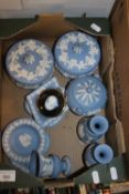 A TRAY OF BLUE & WHITE JASPERWARE