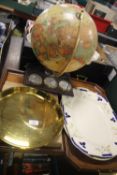 A LARGE GLOBE OF THE WORLD, TWO WOODEN BUTLER'S TRAYS, TWO METAL TRAYS, LARGE DINNER PLATE ETC.