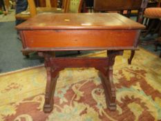 A VINTAGE PINE GOTHIC STYLE LIFT-UP LID TABLE H-51 CM W-54 CM