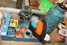 A BOX OF STUDIO POTTERY TO INCLUDE A DISH SIGNED LEAPER NEWLYN TOGETHER WITH A LARGE WEST GERMAN