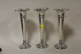 THREE HALLMARKED SILVER FRILL TOPPED TRUMPET VASES