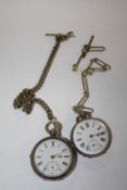 A HALLMARKED SILVER POCKET WATCH, TOGETHER WITH ANOTHER BOTH WITH ALBERT CHAINS