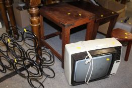 A VINTAGE PHILIPS PORTABLE TV, TOGETHER WITH TWO WOODEN STOOLS, WINE RACK ETC.