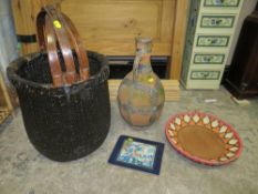 AN ARCHAIC BALUSTER EWER WITH METAL MOUNTS H-49 CM WITH A BASKET, WICKER DISH ETC (4)