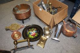 A BOX OF ASSORTED METALWARE TO INCLUDE COPPER AND BRASSWARE