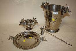 A MODERN CHROME EFFECT STAGG THEMED ICE BUCKET, TWIN HANDLED BOWL, CANDLE SNUFF ETC (4)