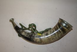A VINTAGE WHITE METAL MOUNTED HUNTING HORN