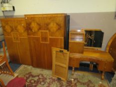 A VINTAGE WALNUT DECO STYLE 6 PIECE BEDROOM SUITE, 2 WARDROBES, DRESSING TABLE, BEDSIDE CABINET