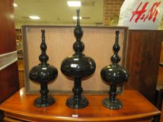 A GARNITURE OF MODERN EBONISED DISPLAY VESSELS H-75 CM (LARGEST)