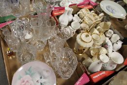 TWO TRAYS OF CERAMICS AND GLASSWARE TO INCLUDE A WADE COFFEE SET, SADLER TEA SERVICE, AYNSLEY ETC