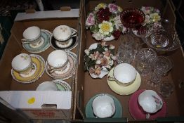 TWO TRAYS OF ASSORTED CERAMICS AND GLASSWARE TO INCLUDE AYNSLEY CUPS AND SAUCERS, MAJESTIC HARLEQUIN
