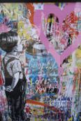A FRAMED AND GLAZED MR BRAINWASH PRINT OF A BOY WITH CERTIFICATE OVERALL SIZE INCLUDING FRAME 75CM X