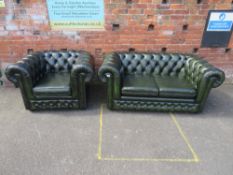A THOMAS LLOYD GREEN LEATHER TWO PIECE CHESTERFIELD SUITE (2)