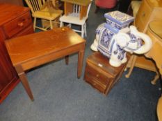 A LARGE CERAMIC ELEPHANT, MUSIC TABLE AND HARDWOOD CABINET (3)
