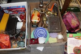 TWO BOXES OF HOUSEHOLD SUNDRIES TO INCLUDE BRAS VASES, ORIENTAL STYLE LAMP ETC